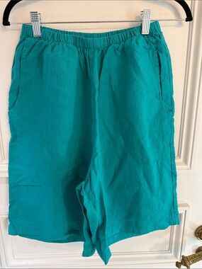NWOT FLAX Teal Elastic Waist Linen Shorts– size small (186)